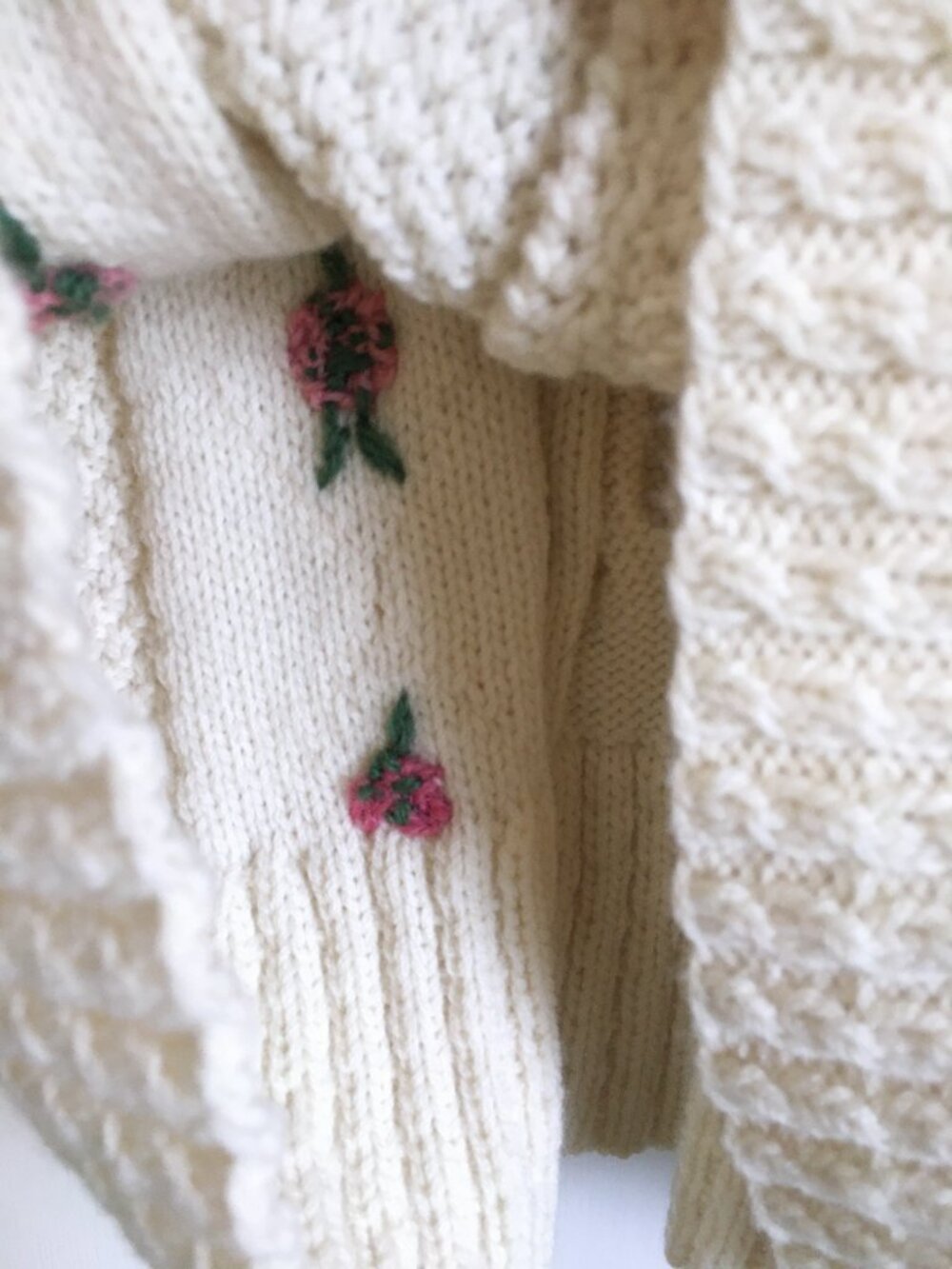 Vintage Hand-Knit 3D Rose Cardigan Sweater Cream Cottagecore Mori Kei - Picture 9 of 16